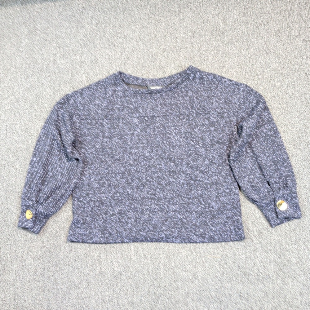 Ellen Tracy Knit Top M Navy Blue Gold Button Cuff Office Professional